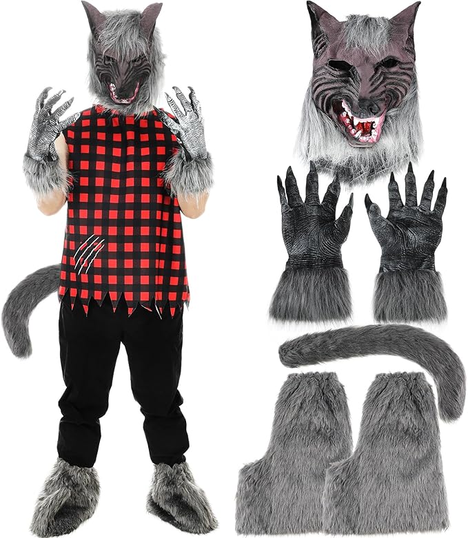 jeyiour 6 件装万圣节狼人服装套装成人上衣无袖狼人帽狼手套尾腿套牙